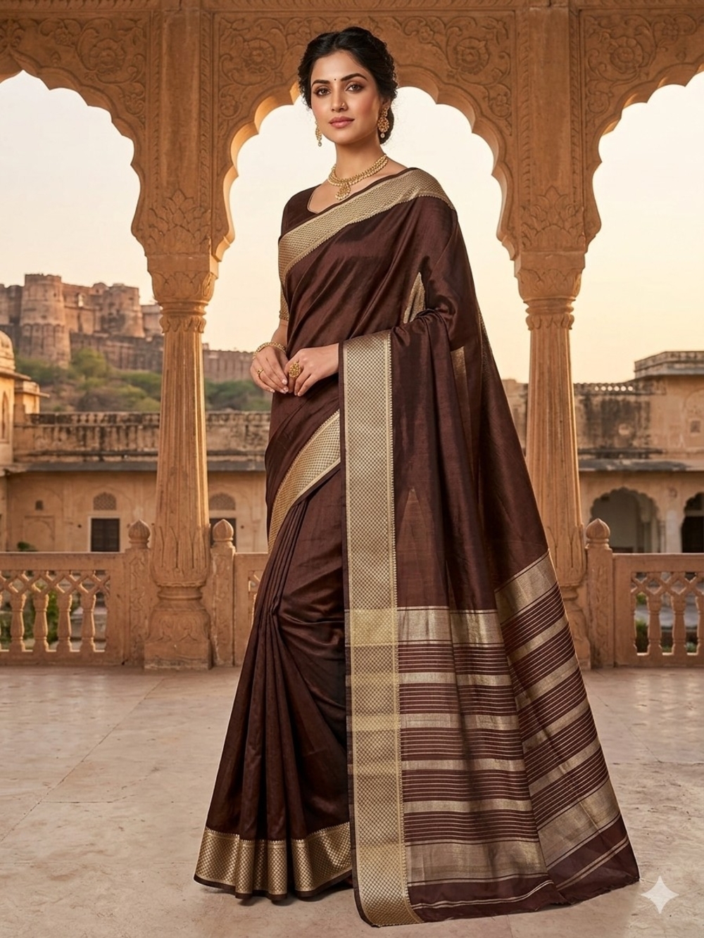 Authentic Handloom Silk Cotton Maheshwari Saree - Chocolate Brown & Silver Resha